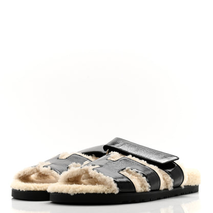 Hermes Glazed Nappa Woolskin Womens Chypre Sandals 40.5 Black Ecru 3 of 9