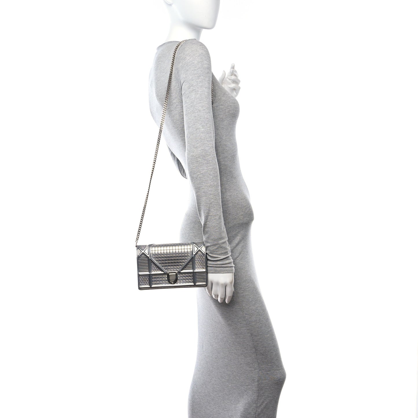 Metallic Patent Micro-Cannage Diorama Wallet on Chain Pouch Silver