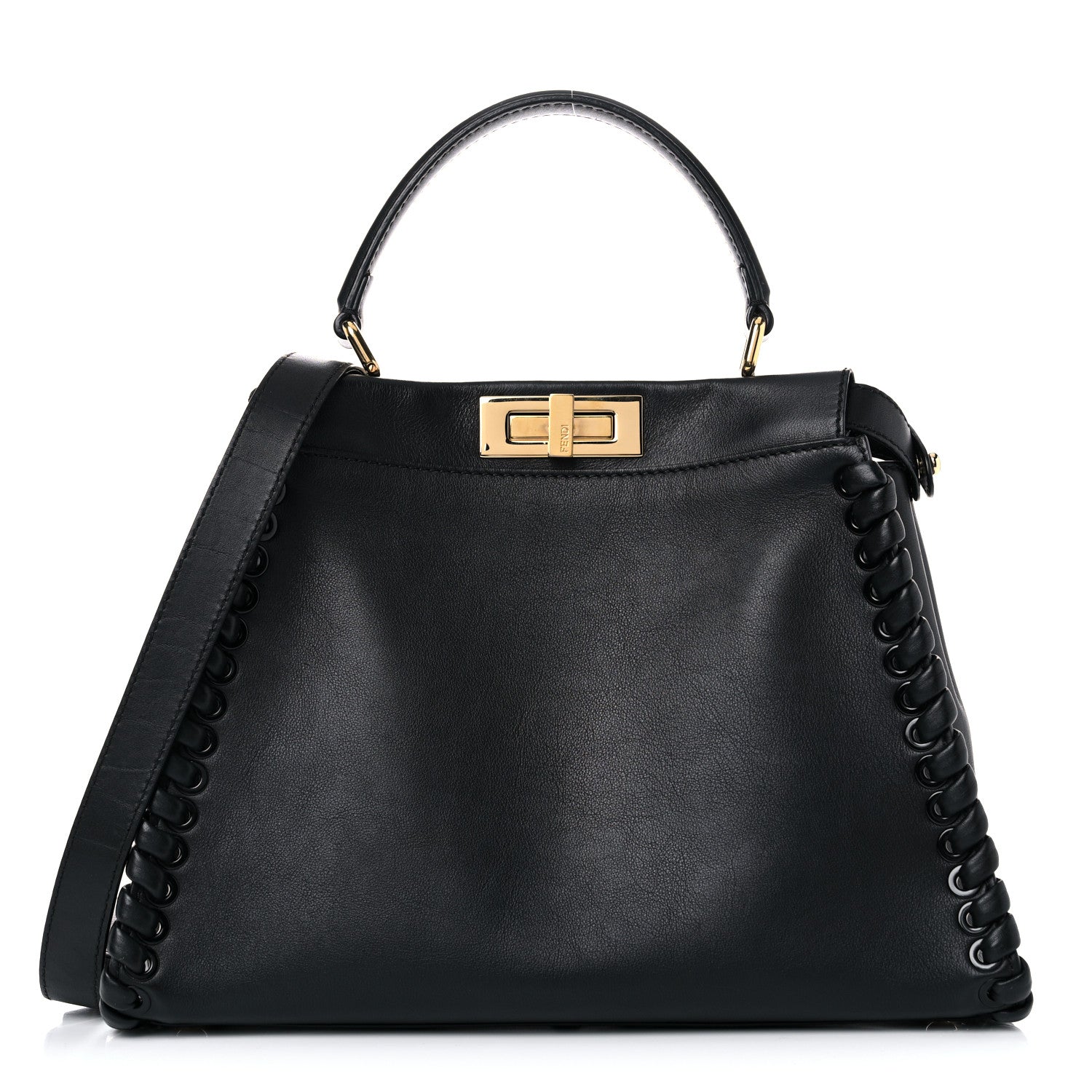 Fendi Vitello Seta Lace Up Medium Peekaboo Iconic Satchel Black 1 of 12