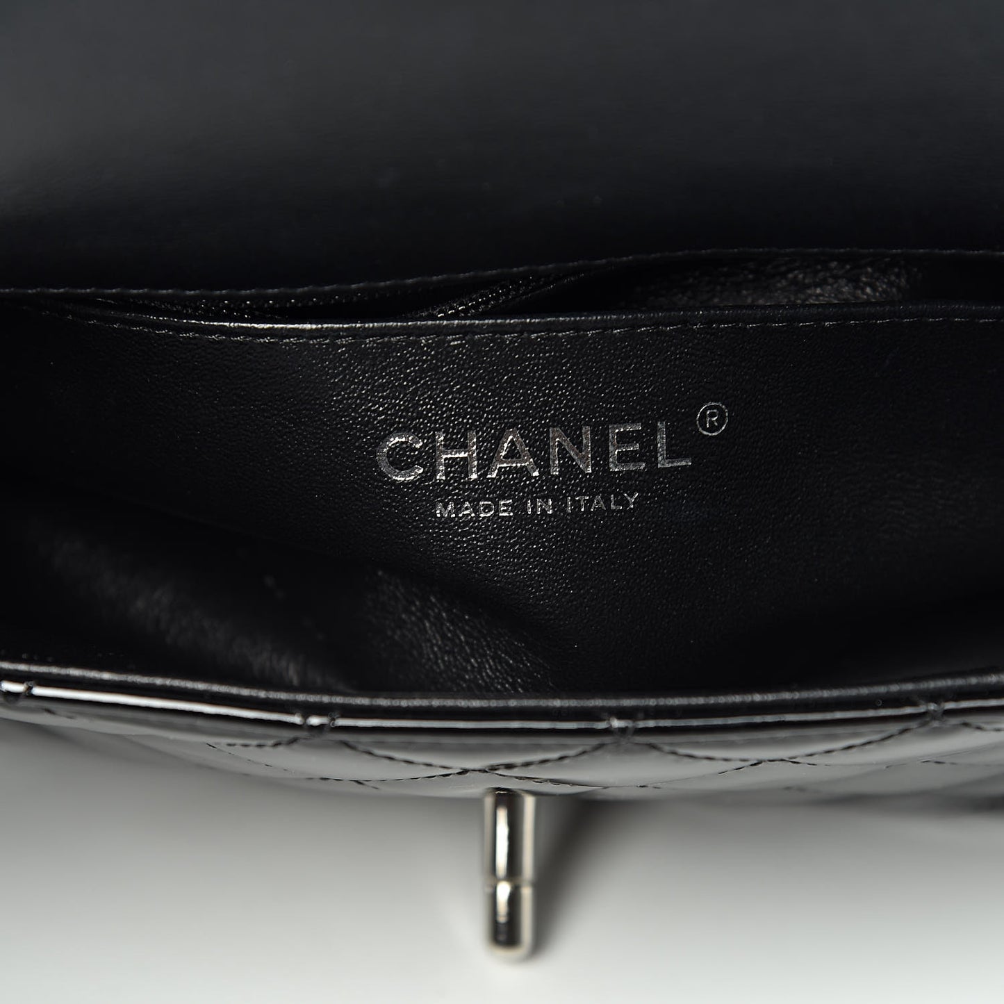 Patent Calfskin Quilted Mini Rectangular Flap Black