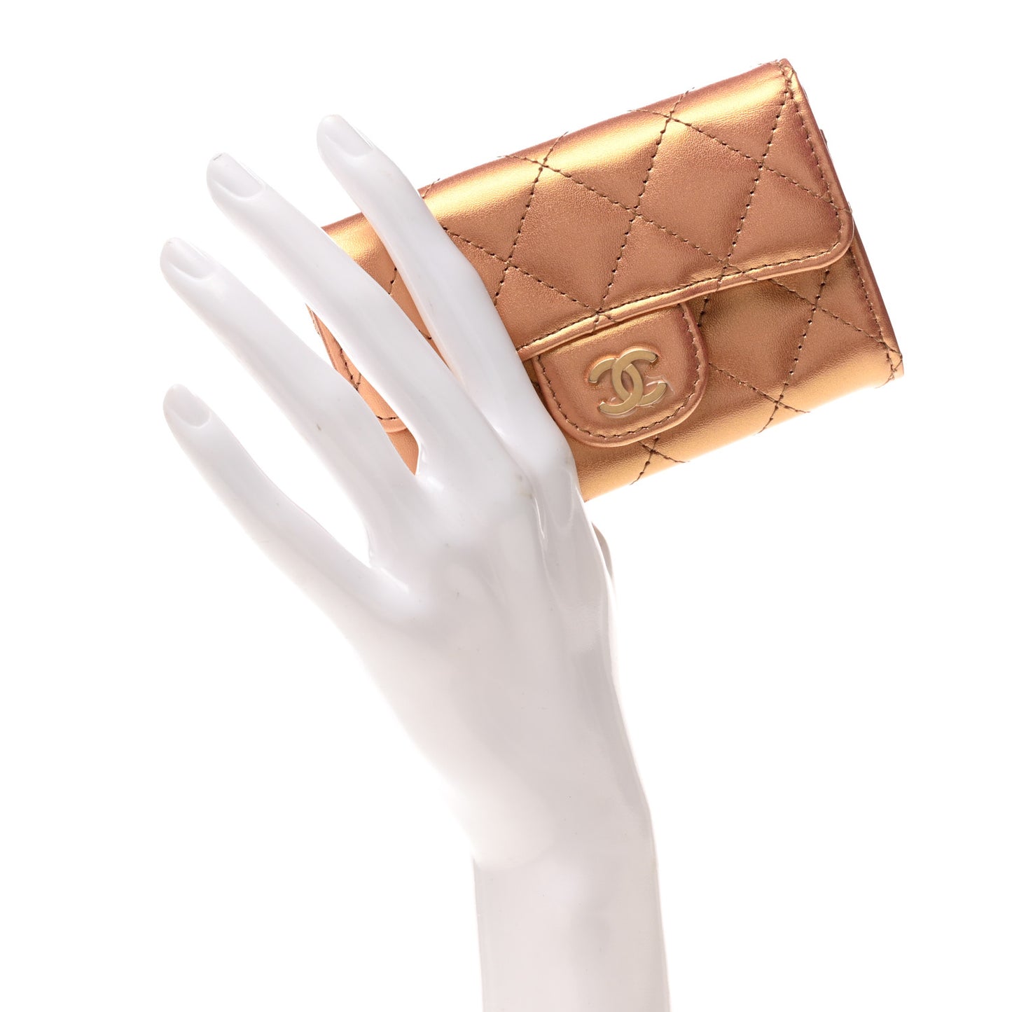 Metallic Lambskin Quilted Flap Card Holder Wallet Gold