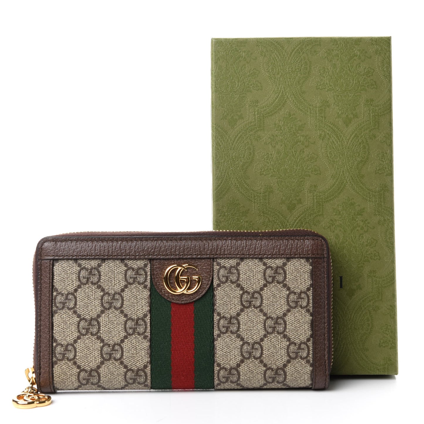 GG Supreme Monogram Web Ophidia Zip Around Wallet Brown
