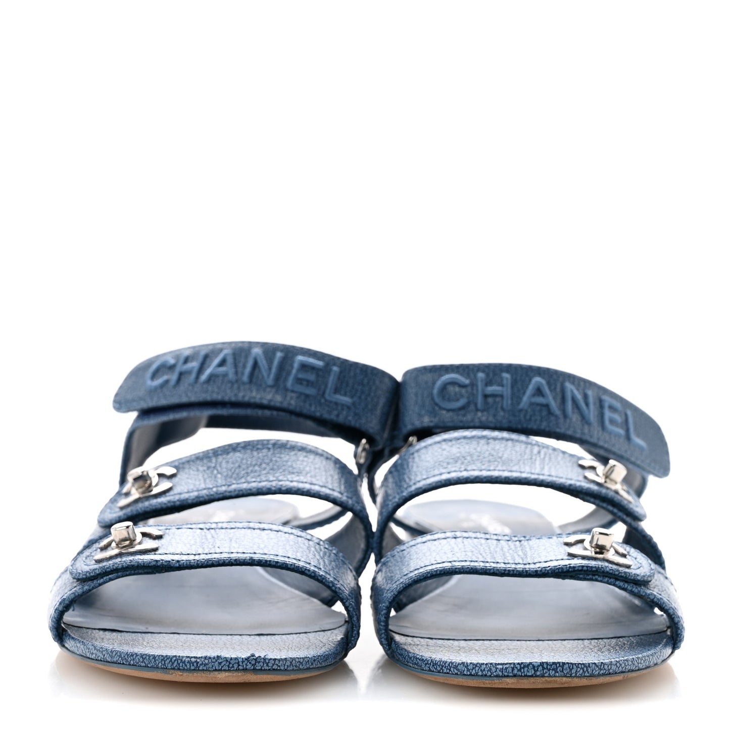 Iridescent Calfskin Logo CC Turnlock Sandals 39 Blue