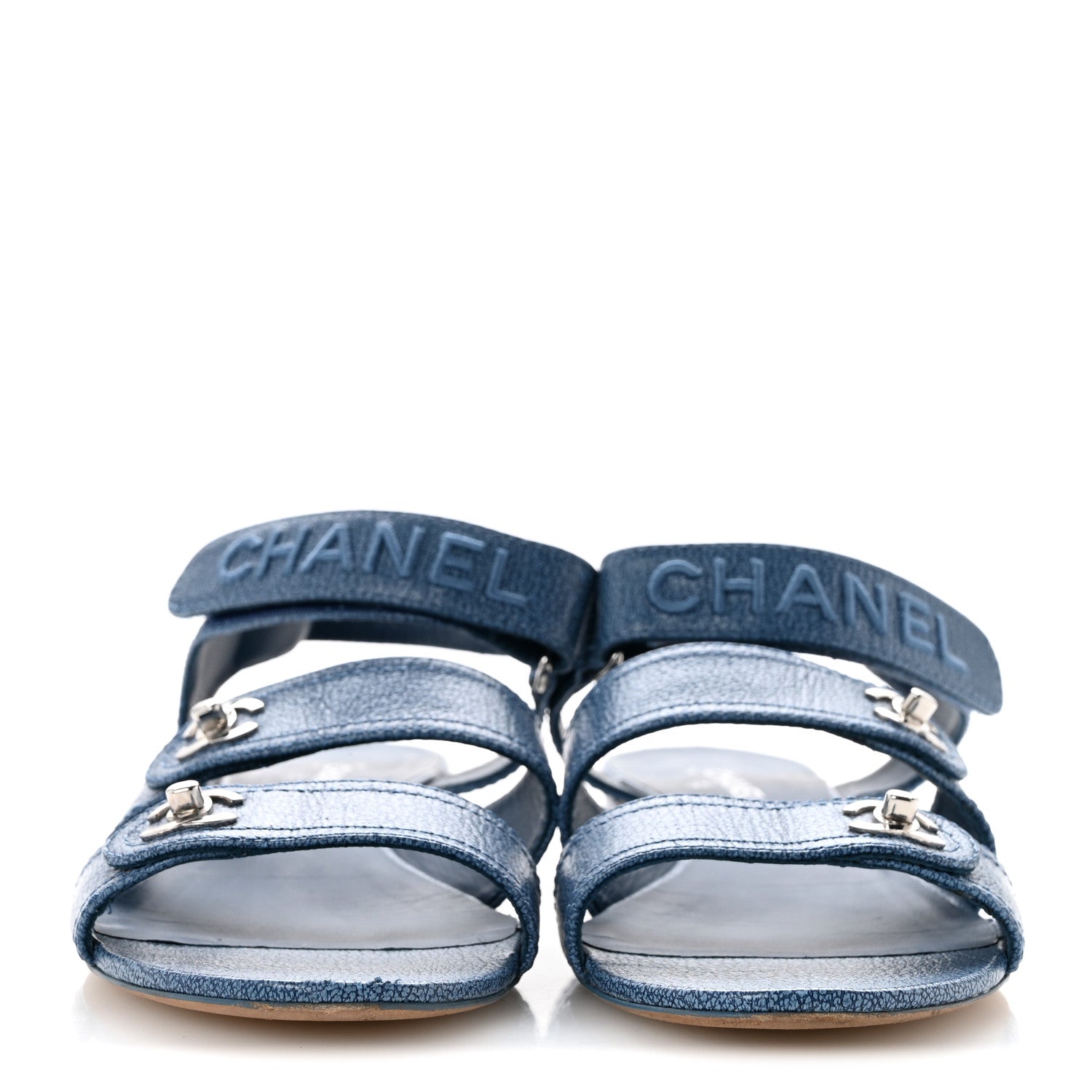 Chanel Iridescent Calfskin Logo CC Turnlock Sandals 39 Blue 3 of 10