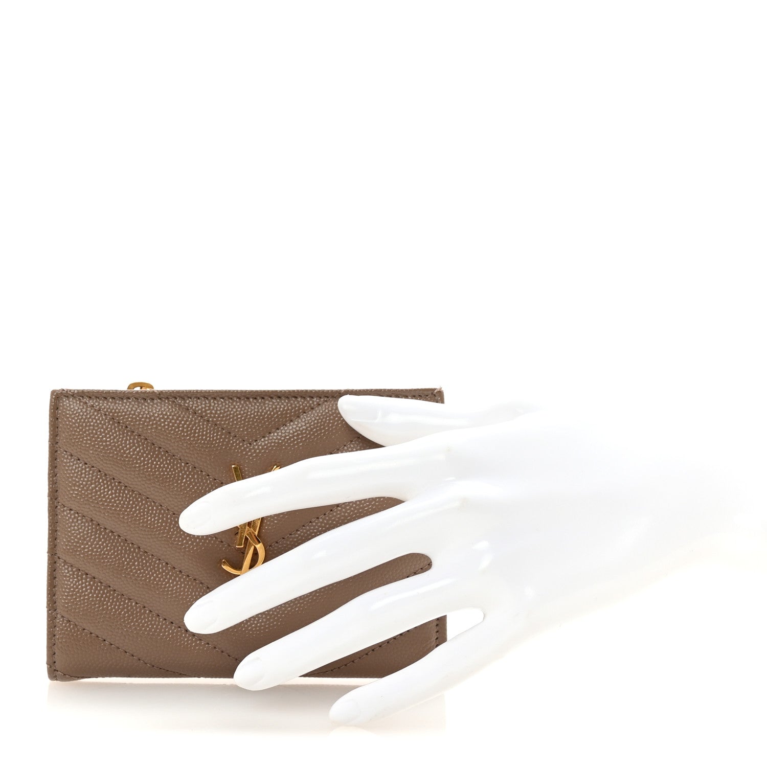 Saint Laurent Grain De Poudre Matelasse Chevron Monogram Zipped Two-Part Wallet Dark Latte 2 of 7