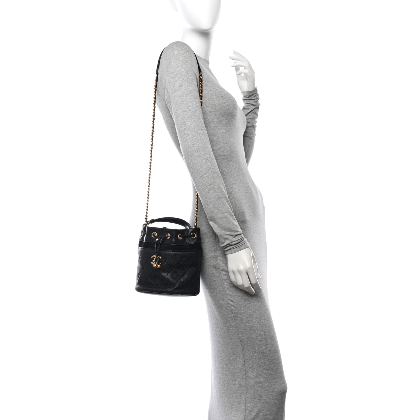 Caviar Suede Quilted Drawstring Bucket Bag Black