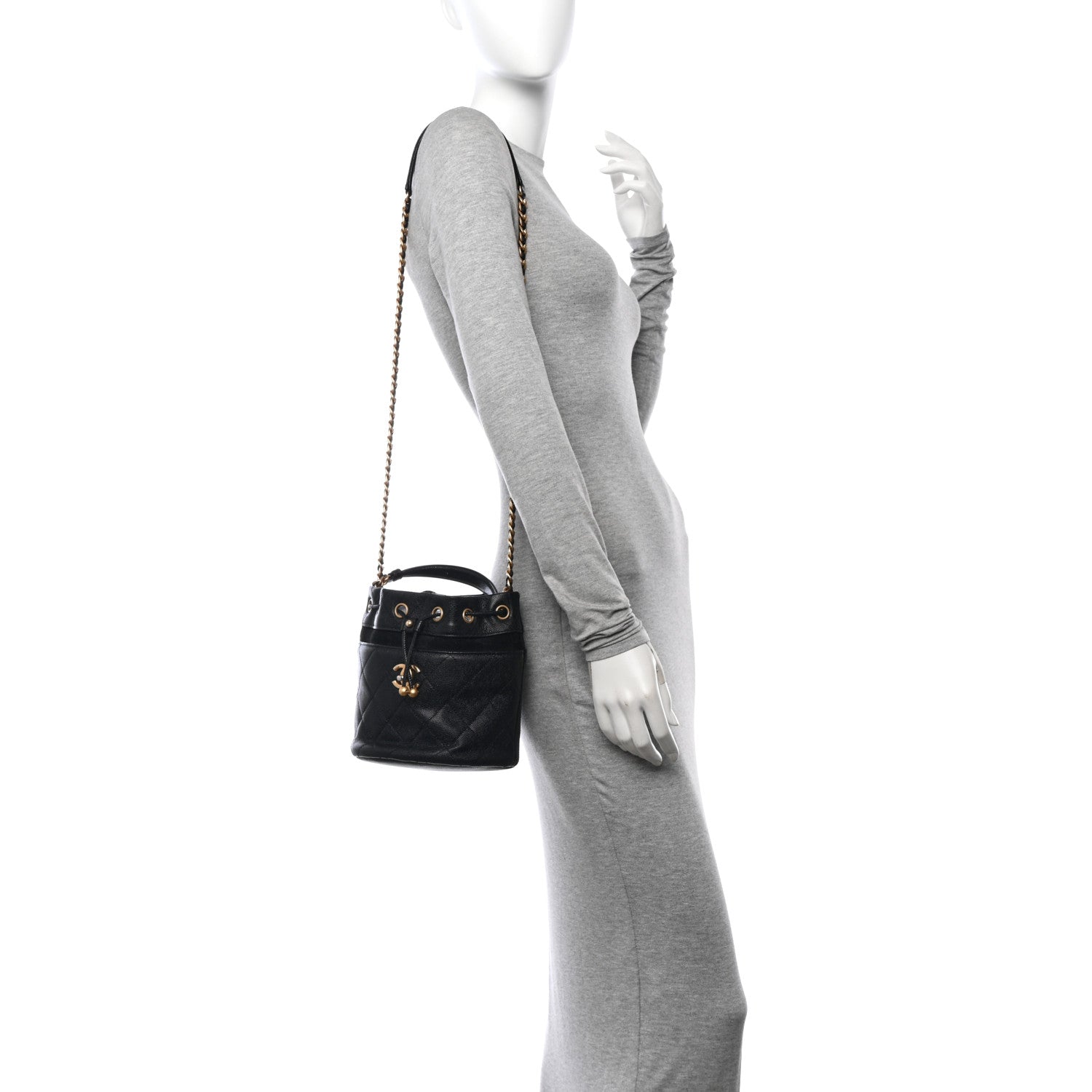 Chanel Caviar Suede Quilted Drawstring Bucket Bag Black 2 of 13