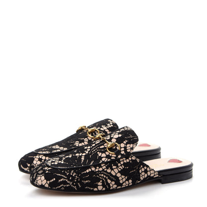 Gucci Lace Malaga Kid Womens Princetown Slippers 37 Black Skin Rose 3 of 10