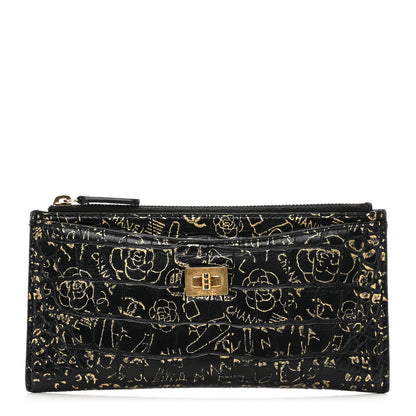 Chanel Calfskin Crocodile Embossed Graffiti 2.55 Cocodile Reissue Zip Pouch Black Gold 1 of 7