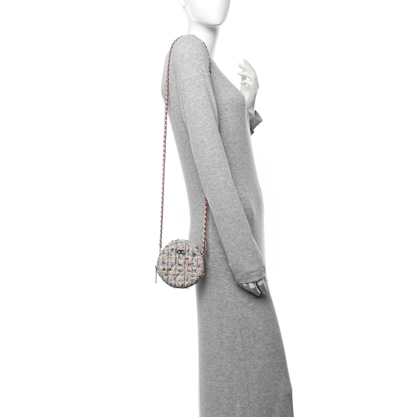 Tweed Quilted Round Clutch With Chain White Pink Multicolor
