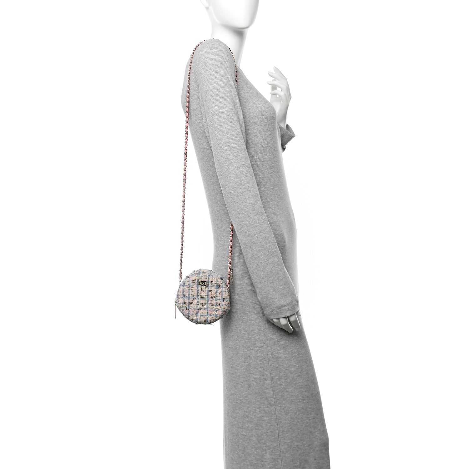 Chanel Tweed Quilted Round Clutch With Chain White Pink Multicolor 2 of 10