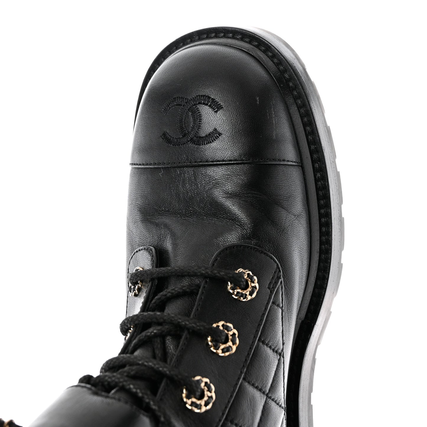 Shiny Calfskin Quilted Lace Up Combat Boots 40.5 Black