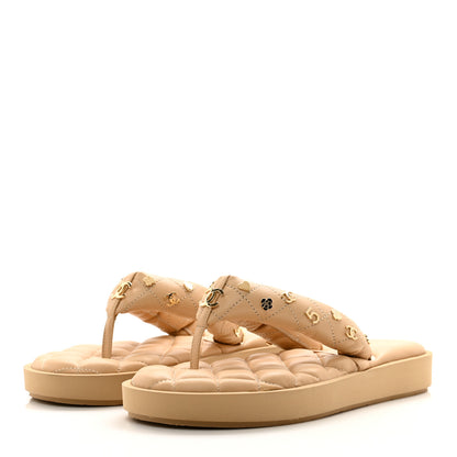 Chanel Lambskin Quilted Padded Charms Thong Sandals 37 Beige 3 of 8