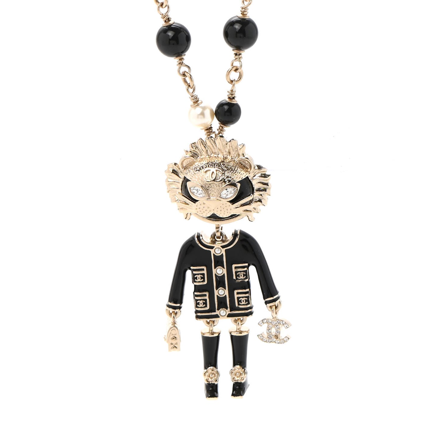 Gripoix Poured Glass Crystal Bead Pearl CC Lion Pendant Necklace Black Gold