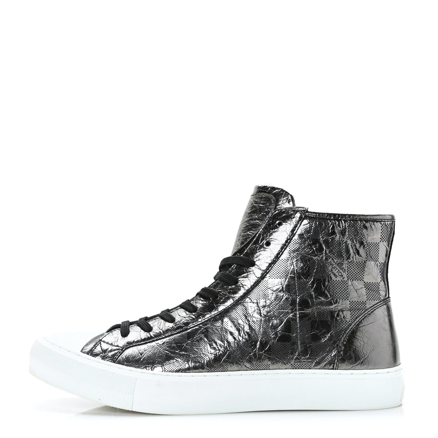 Metallic Patent Calfskin Embossed Damier Mens High Top Sneakers 7 Grey