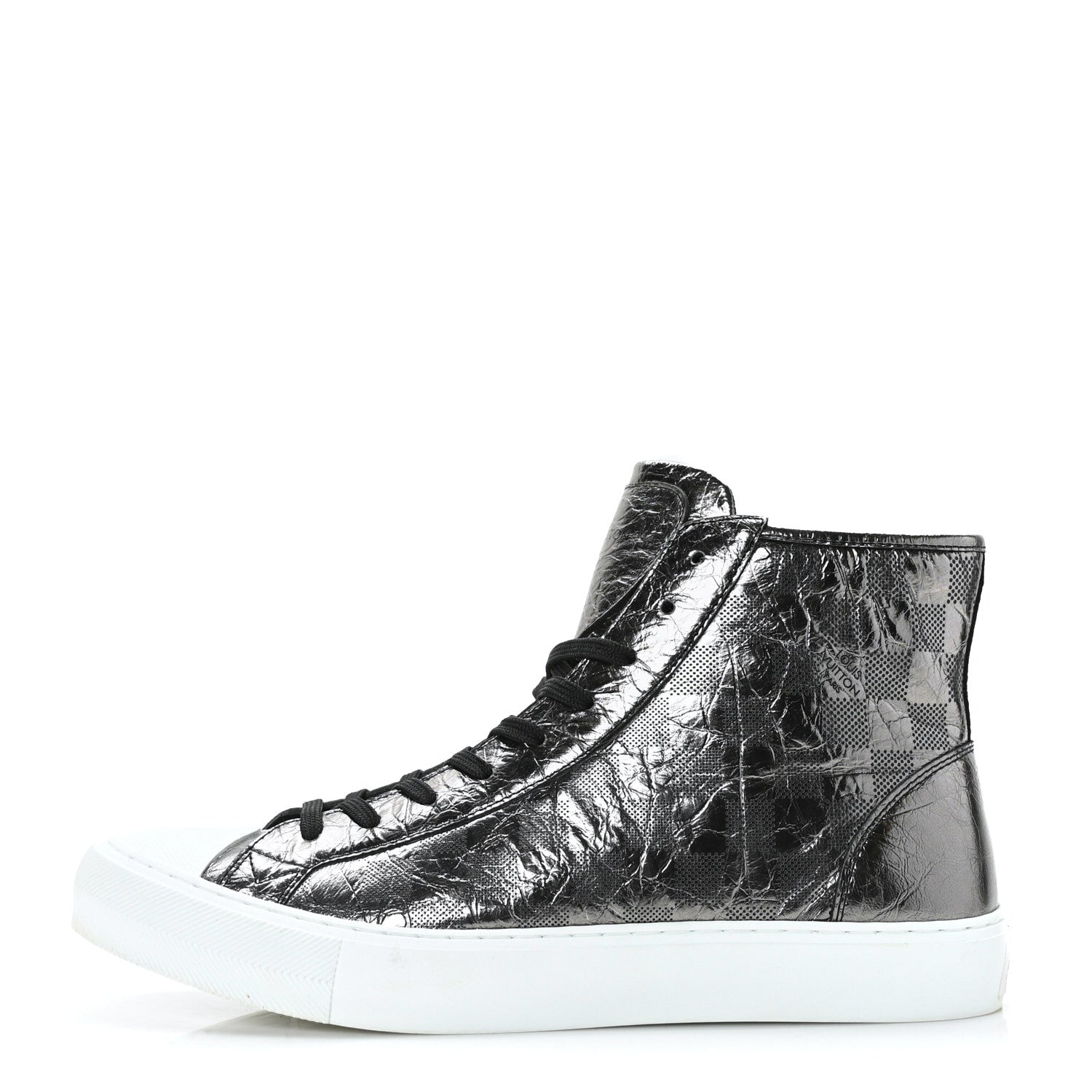 Louis Vuitton Metallic Patent Calfskin Embossed Damier Mens High Top Sneakers 7 Grey 1 of 8