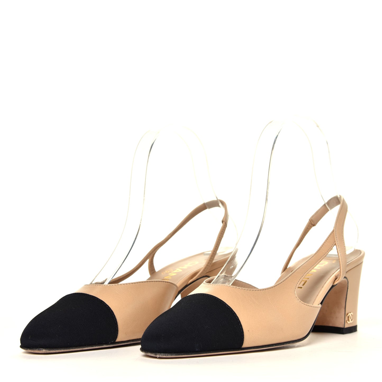 Goatskin Grosgrain Cap Toe CC Slingback Pumps 36 Beige Black