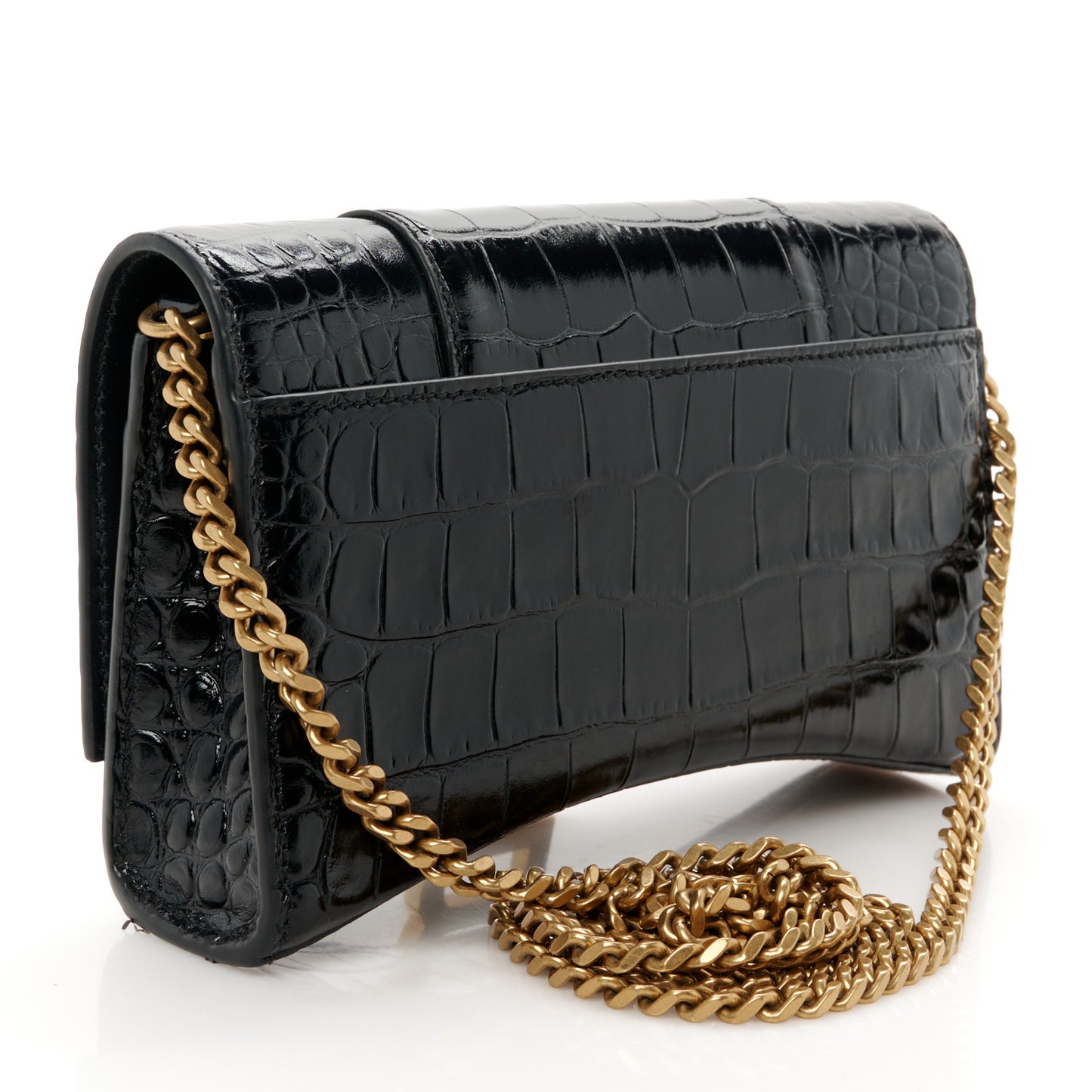 Shiny Calfskin Crocodile Embossed Hourglass Chain Bag Black