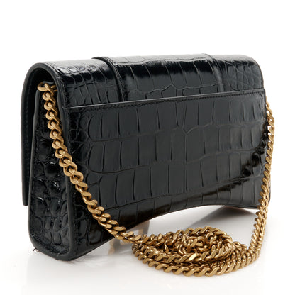 Balenciaga Shiny Calfskin Crocodile Embossed Hourglass Chain Bag Black 3 of 11