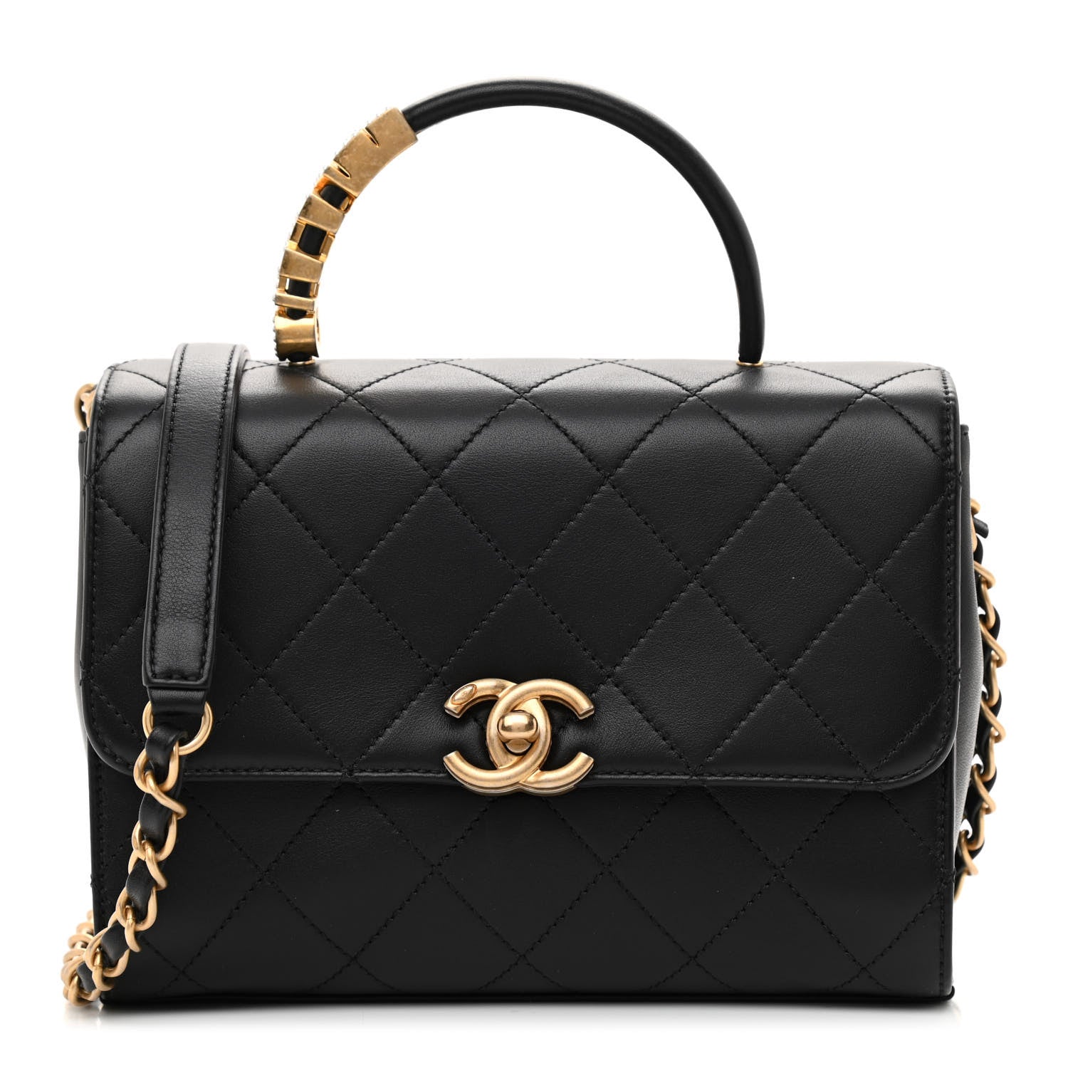 Chanel Lambskin Stitched Pearl Logo Top Handle Flap Black 1 of 11