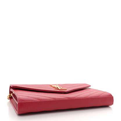 Saint Laurent Grain De Poudre Matelasse Chevron Monogram Chain Wallet Red 4 of 13