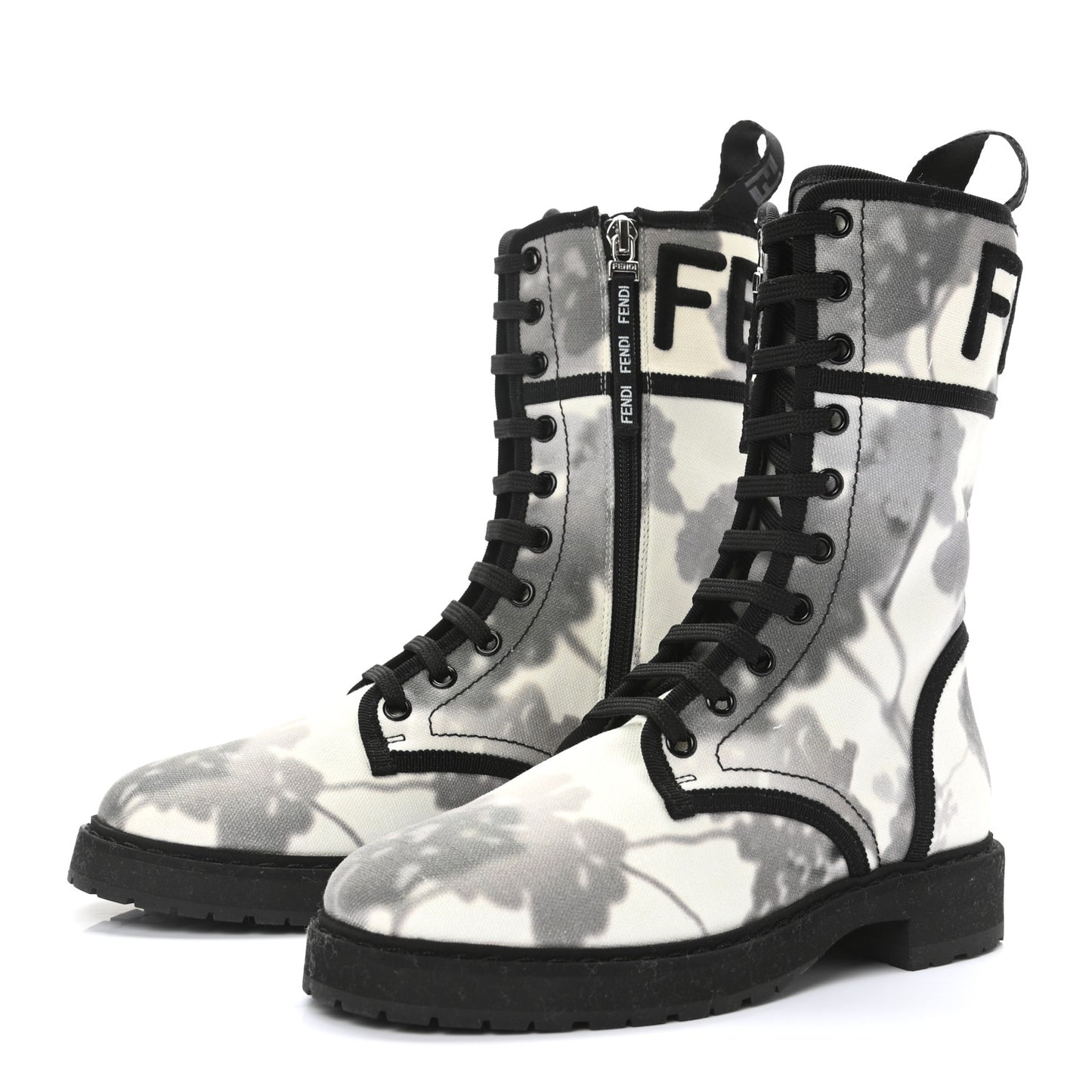 Canvas Floral Print Logo Bi-Color Womens Biker Boots 35.5 White Black