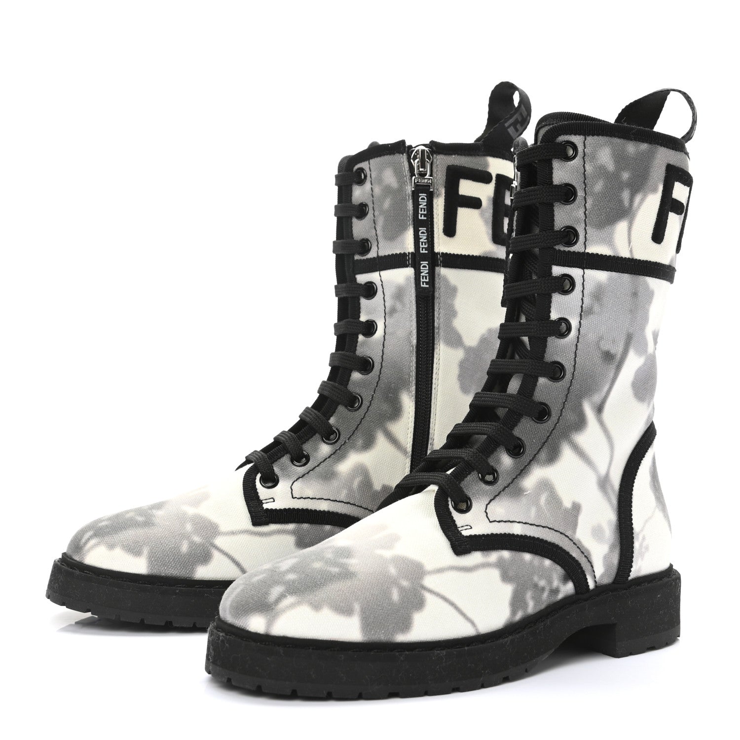 Fendi Canvas Floral Print Logo Bi-Color Womens Biker Boots 35.5 White Black 3 of 6