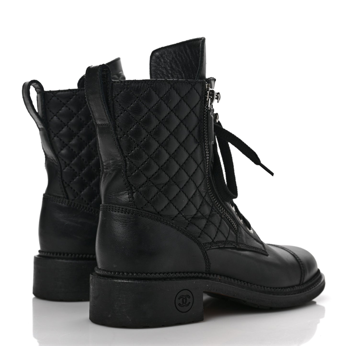 Calfskin Quilted Lace Up Combat Boots 37 Black