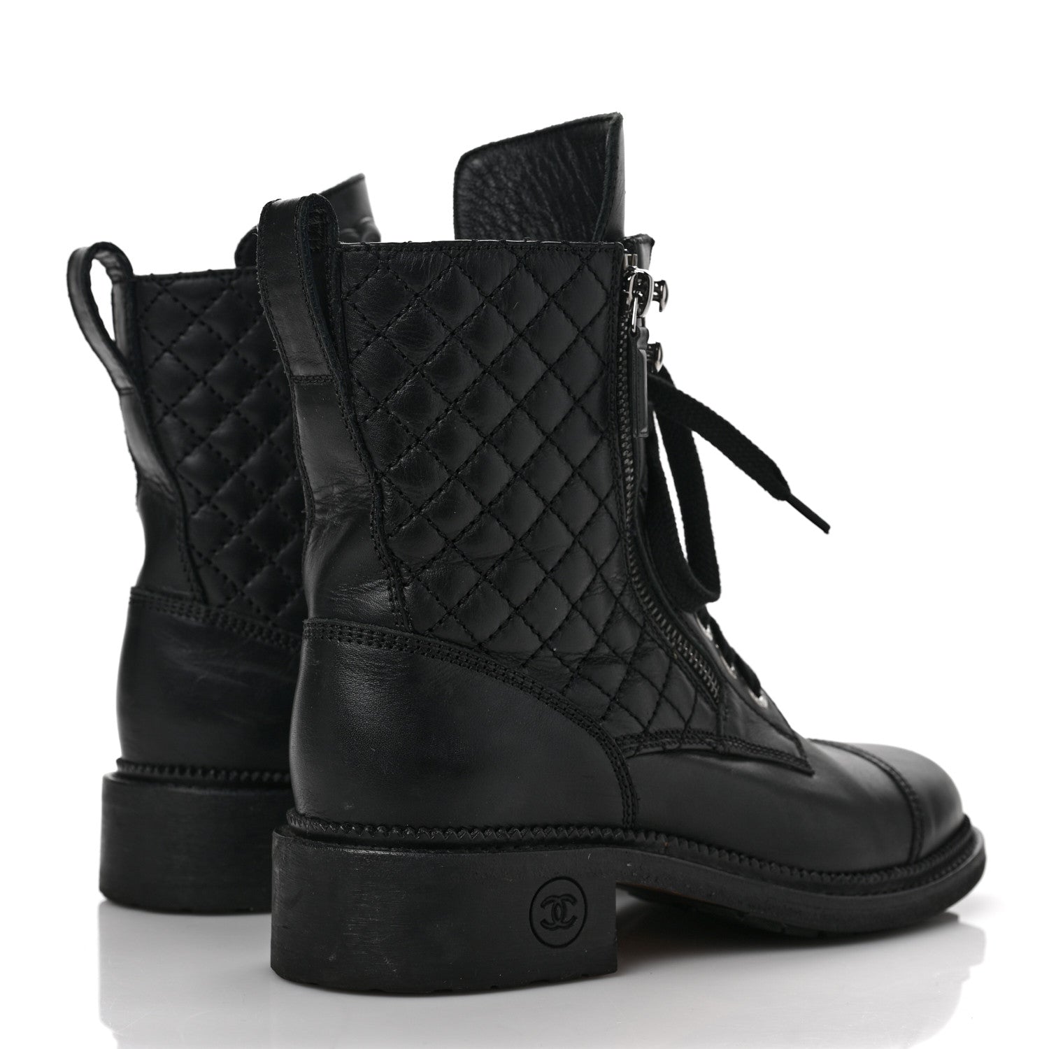 Chanel Calfskin Quilted Lace Up Combat Boots 37 Black 4 of 13