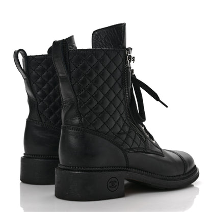 Chanel Calfskin Quilted Lace Up Combat Boots 37 Black 4 of 13