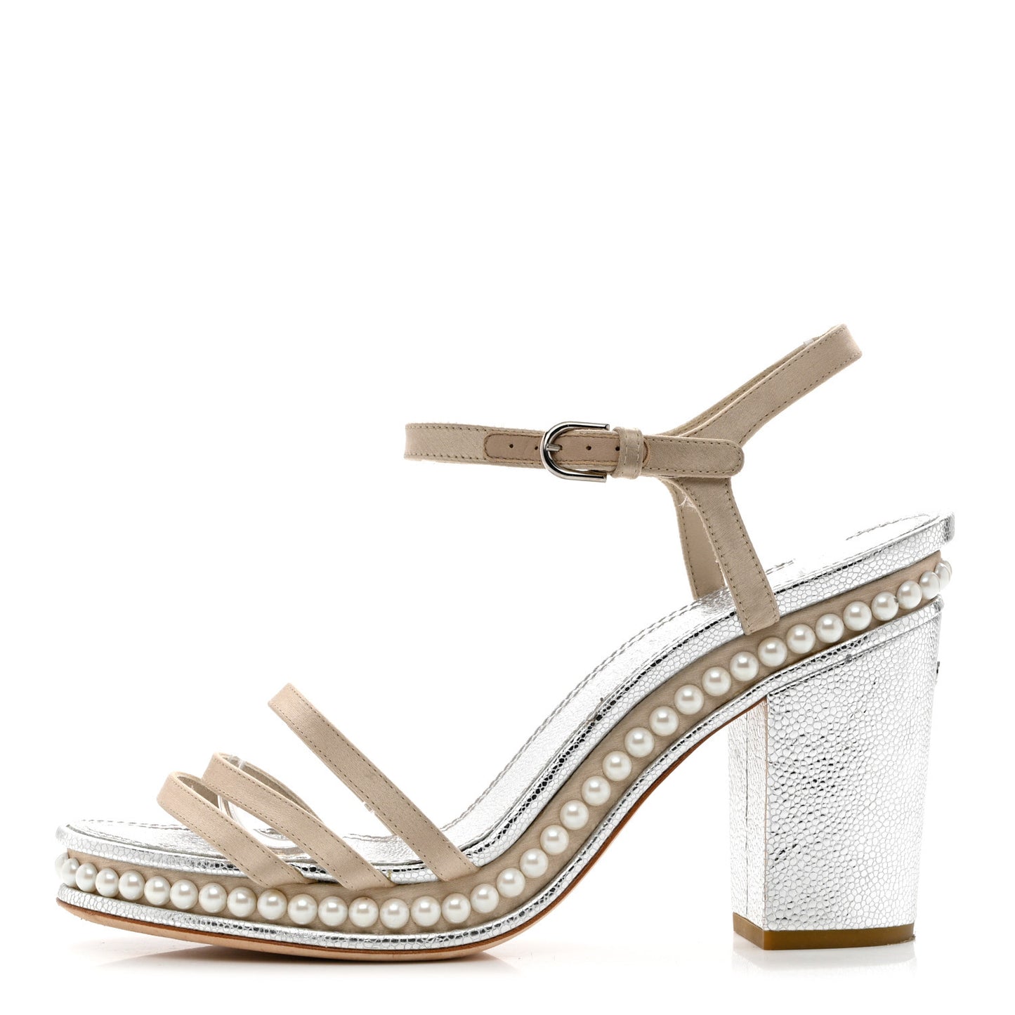 Metallic Caviar Satin Pearl Strappy Sandals 42 Silver Beige