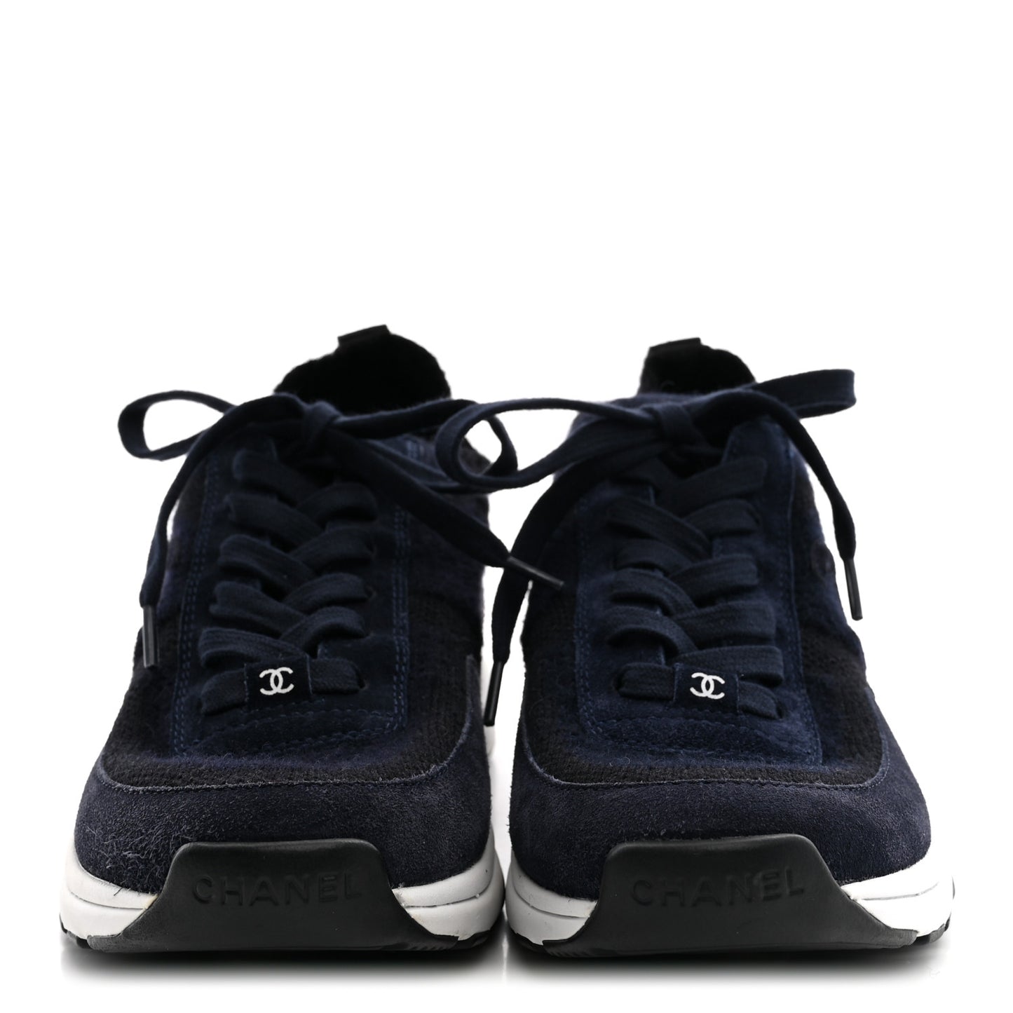 Knit Fabric Suede Calfskin Womens CC Sneakers 38 Navy Black