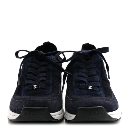 Chanel Knit Fabric Suede Calfskin Womens CC Sneakers 38 Navy Black 3 of 8