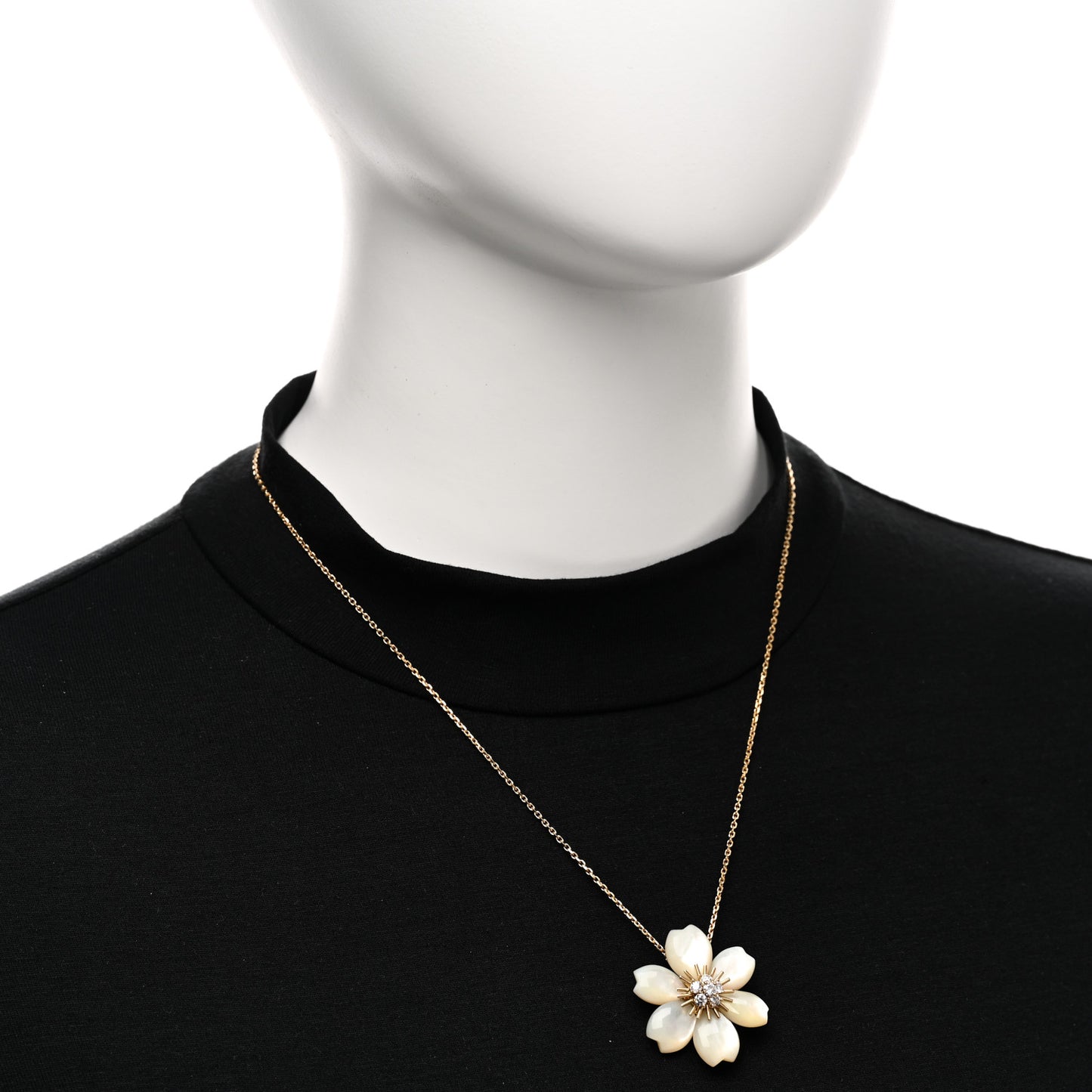 18K Yellow Gold Diamond Mother of Pearl Small Rose De Noel Clip Pendant Necklace