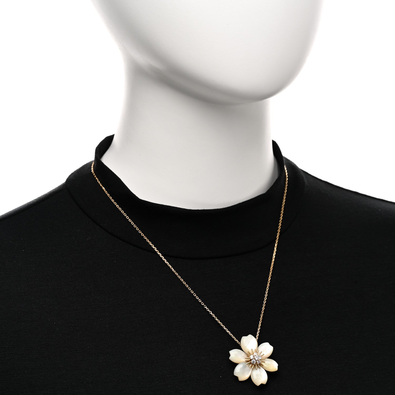 Van Cleef & Arpels 18K Yellow Gold Diamond Mother of Pearl Small Rose De Noel Clip Pendant Necklace 2 of 6
