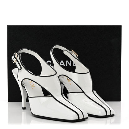 Chanel Patent Calfskin Lambskin Slingback Pumps 38.5 White Black 10 of 10