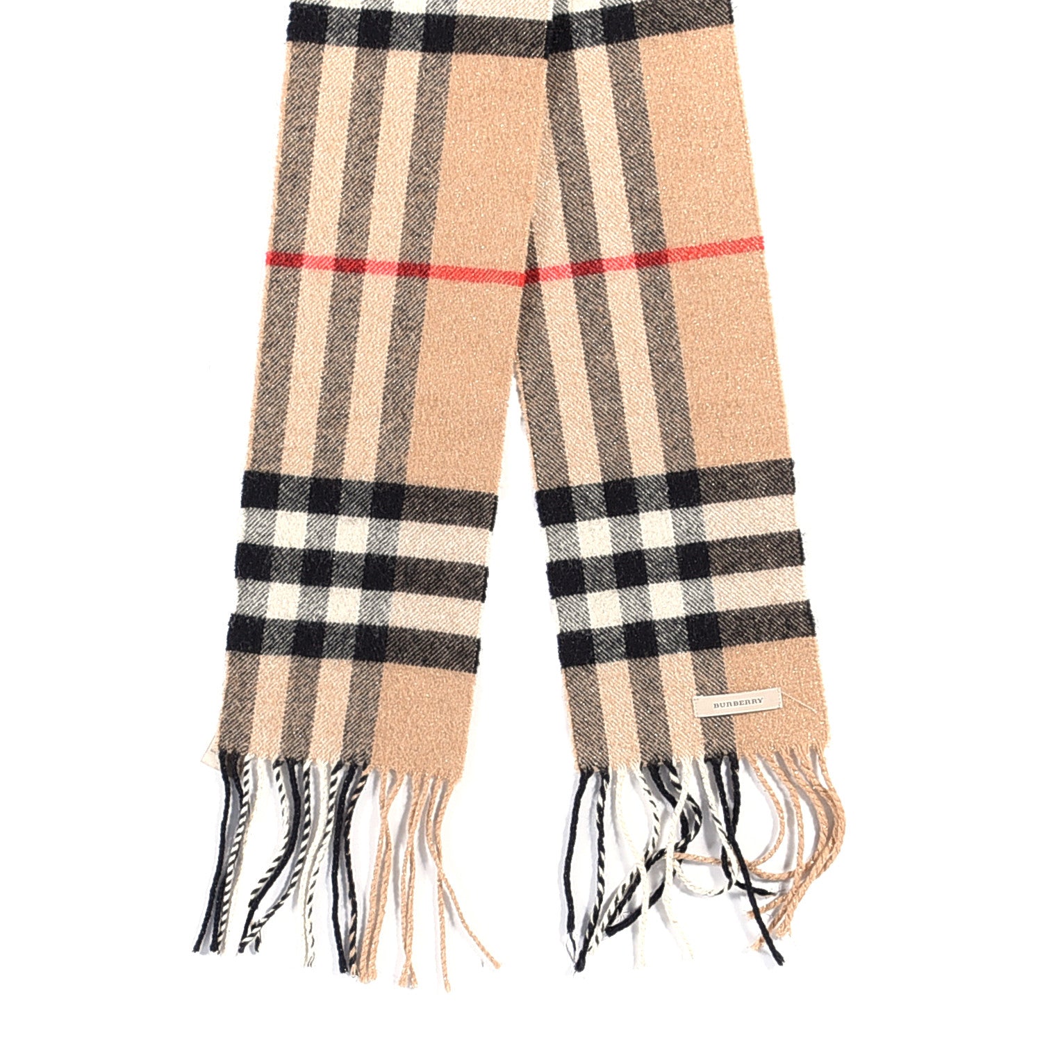 Burberry Metallic Cashmere Giant Check Fringe Scarf Camel 2 of 4
