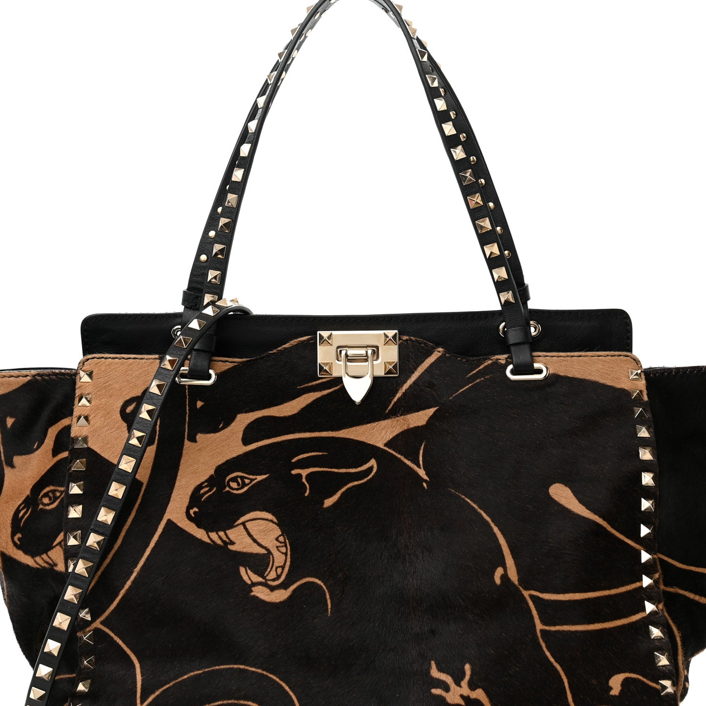 Calf Hair Jaguar Print Medium Rockstud Tote Beige Black