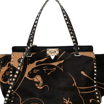 Valentino Garavani Calf Hair Jaguar Print Medium Rockstud Tote Beige Black 8 of 13
