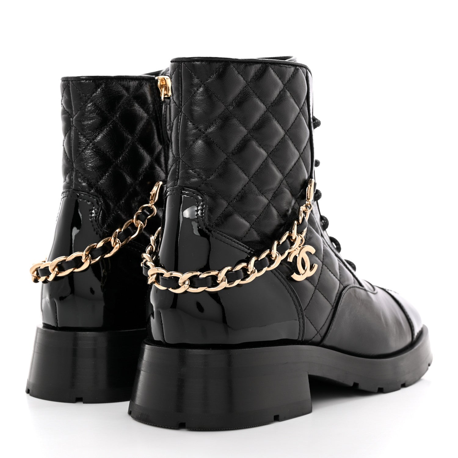 Chanel Shiny Calfskin Patent Quilted Chain Lace Up Combat Boots 39 Black 4 of 11