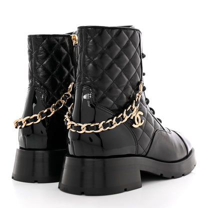 Chanel Shiny Calfskin Patent Quilted Chain Lace Up Combat Boots 39 Black 4 of 11