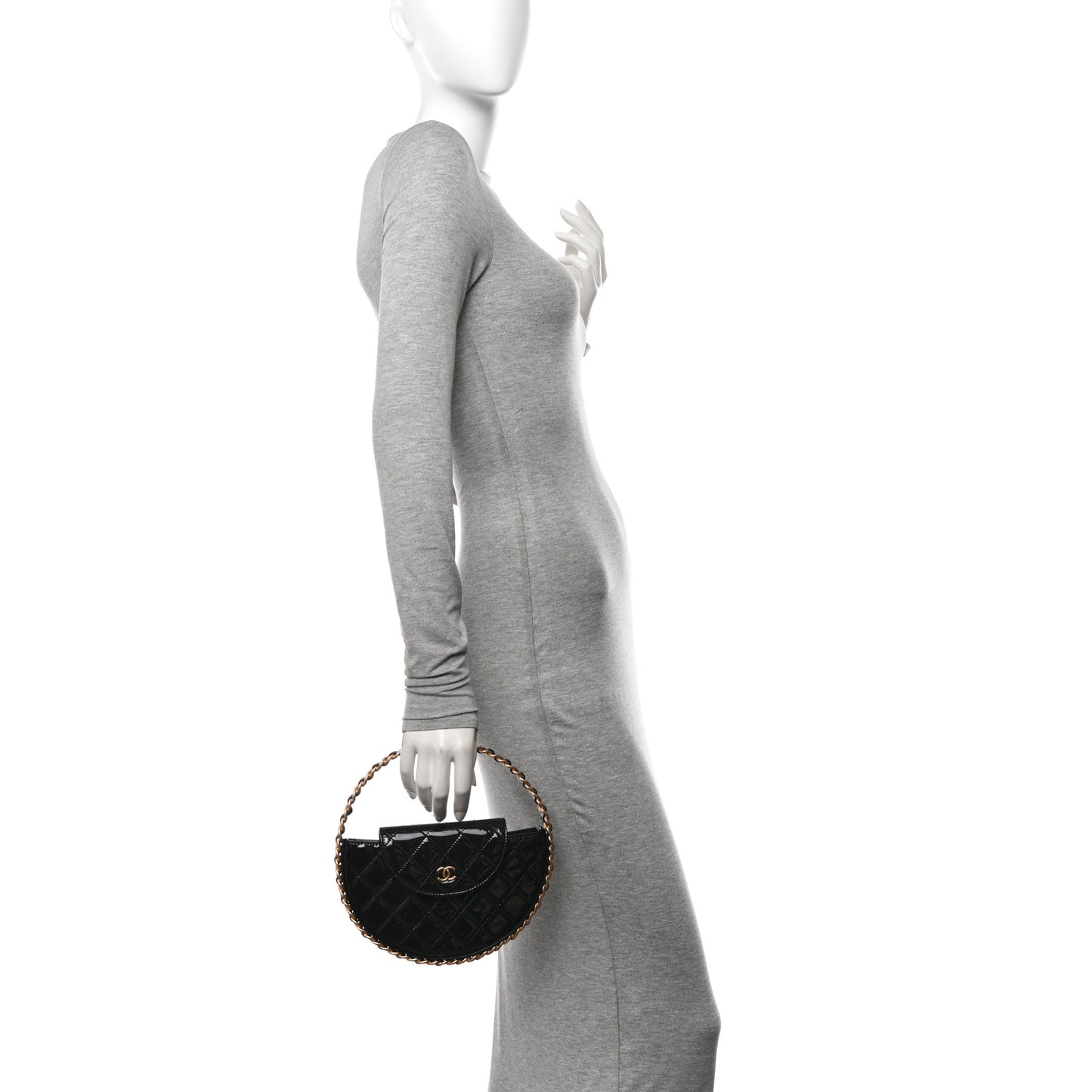 Patent Calfskin Quilted Chain Hoop Bag Black
