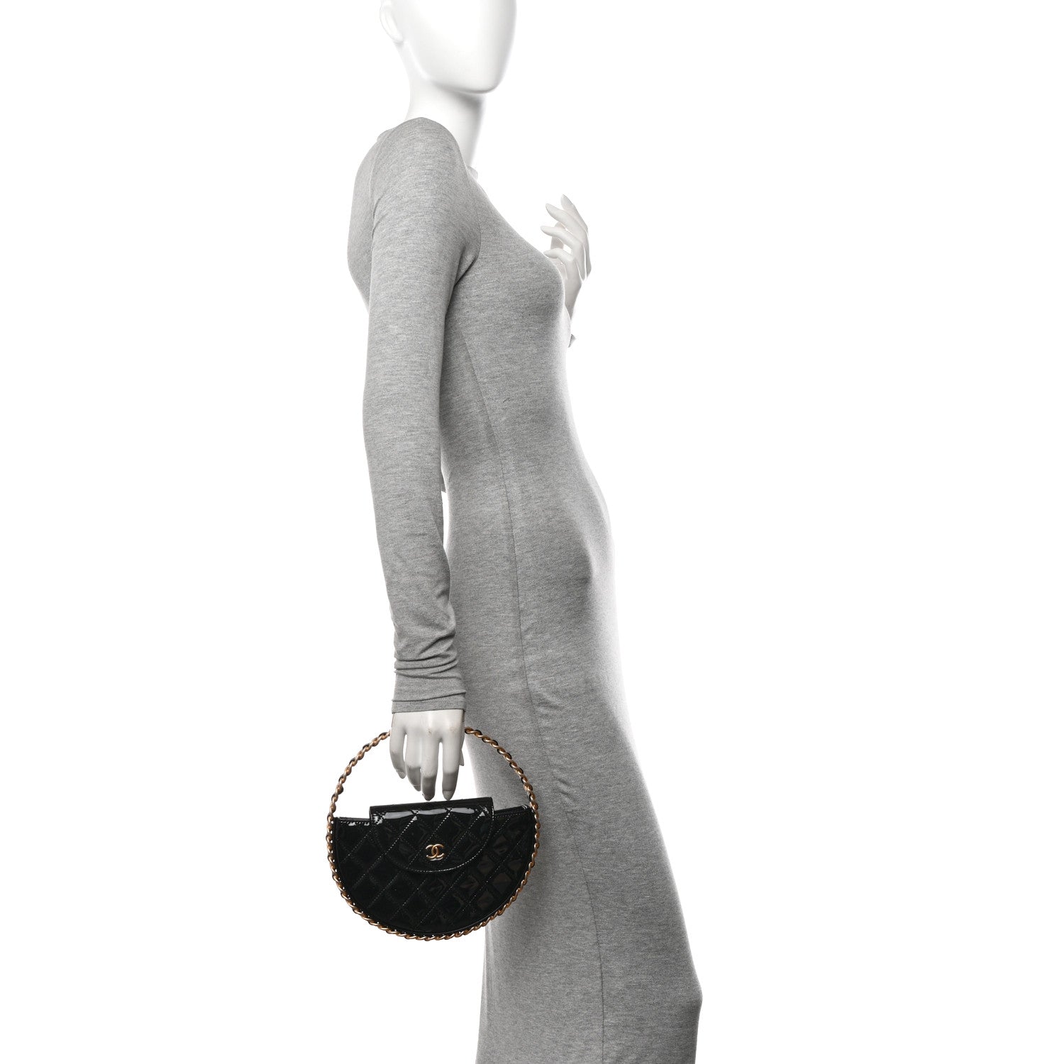 Chanel Patent Calfskin Quilted Chain Hoop Bag Black 2 of 11