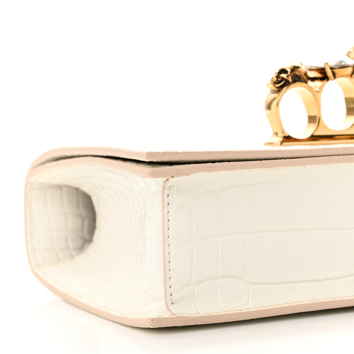 Shiny Calfskin Crocodile Embossed Knuckle Jeweled Crossbody White