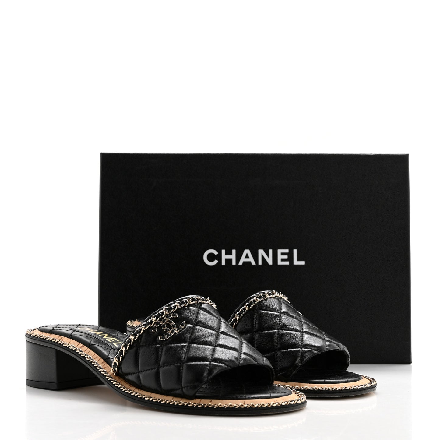 Lambskin Quilted Chain CC Sandals 40 Black