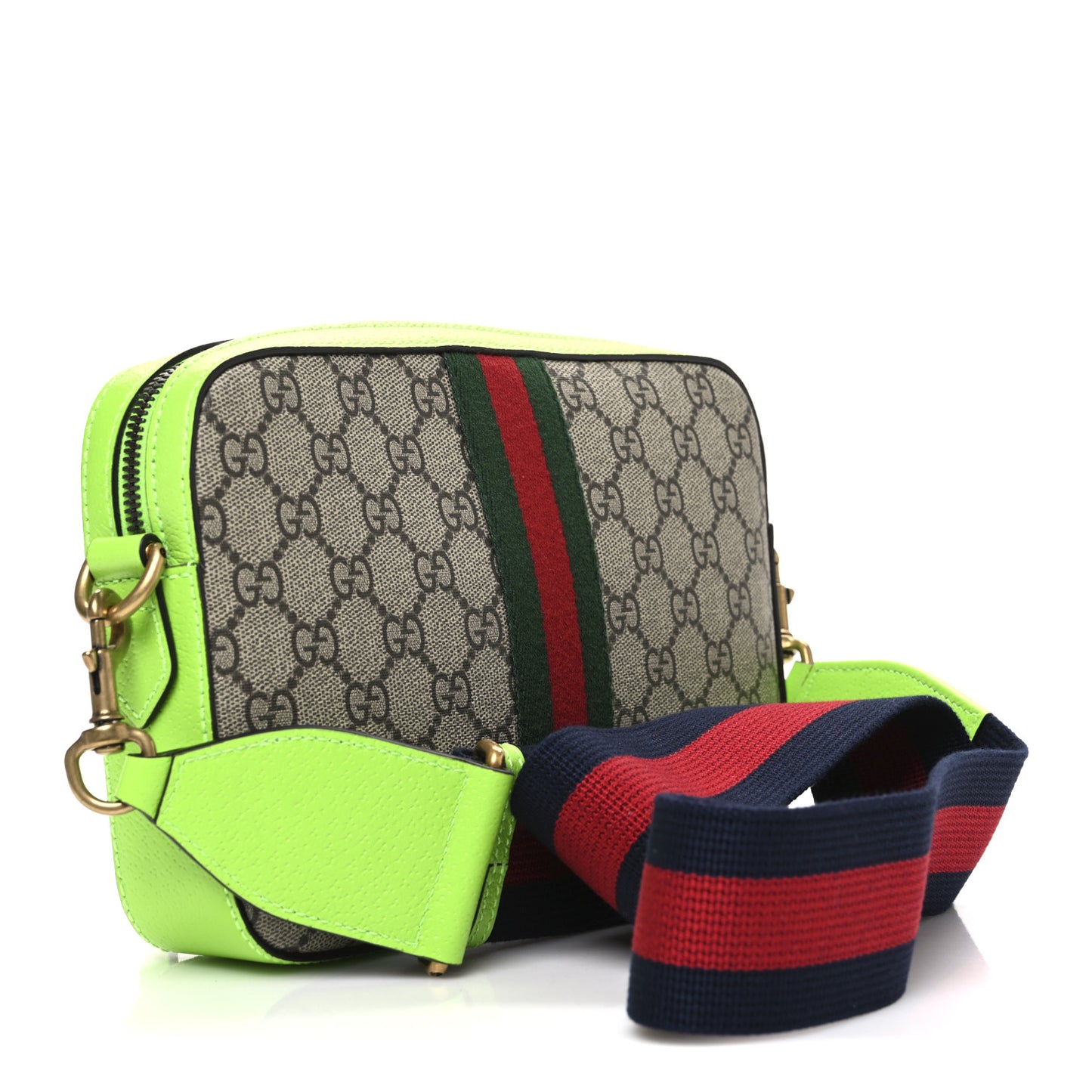 GG Supreme Monogram Textured Dollar Calfskin Web Ophidia Wristlet Shoulder Bag Beige Ebony Green