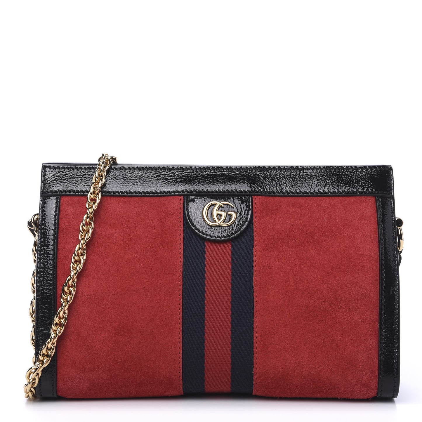Suede Patent Web Small Ophidia Chain Shoulder Bag Hibiscus Red Black