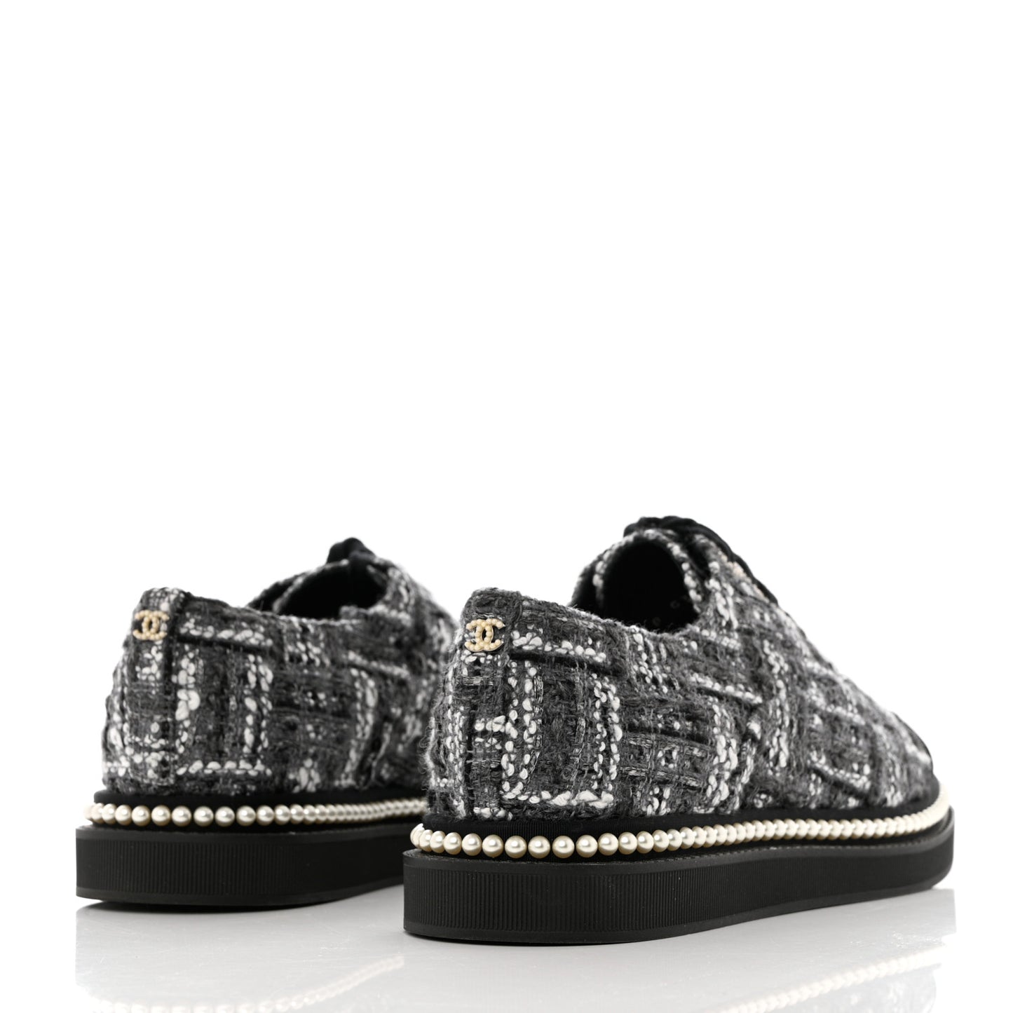 Tweed Grosgrain Pearl Lace Up Sneakers 39.5 Black