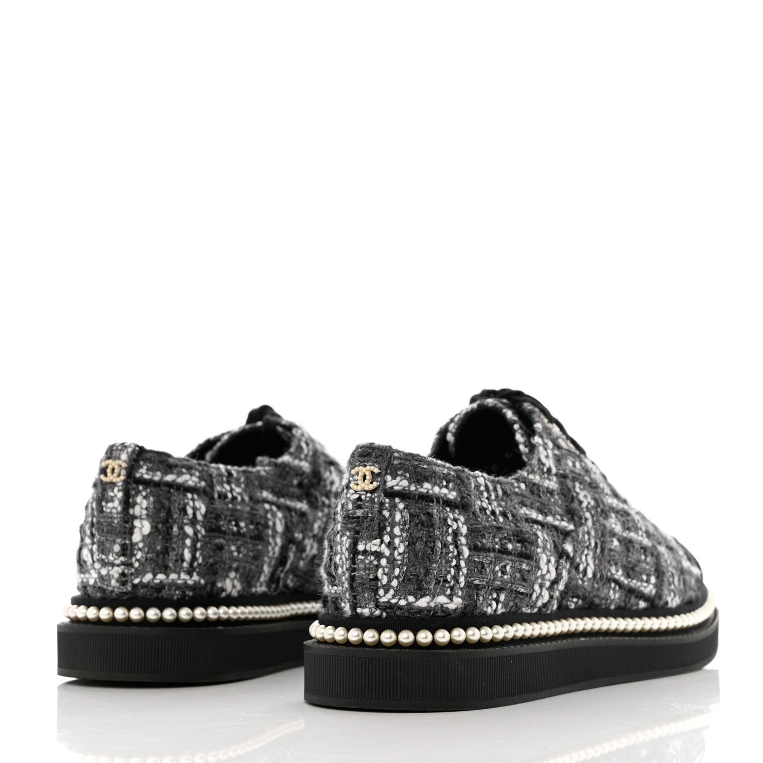 Chanel Tweed Grosgrain Pearl Lace Up Sneakers 39.5 Black 4 of 8
