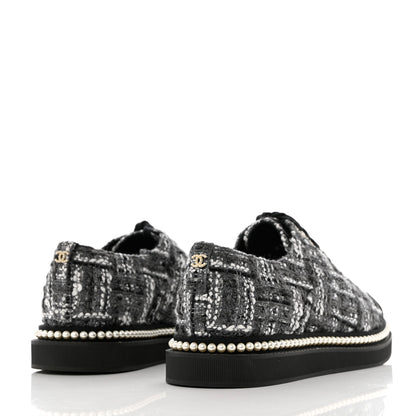 Chanel Tweed Grosgrain Pearl Lace Up Sneakers 39.5 Black 4 of 8